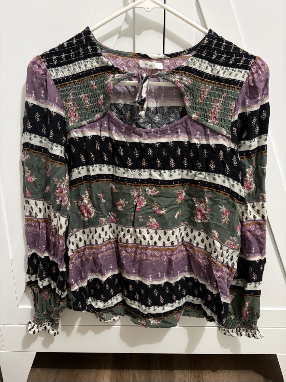 Maurices Olive, Lavender & Black Mixed-Print Peasant Blouse